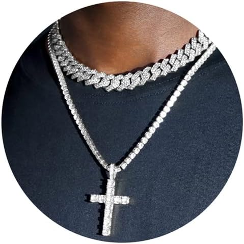 Cuban Link Chain for Men Women Cross Necklace for Men Women Iced Chain Miami Cuban Link Chain Cross Pendant Diamond Chain for Men Religious Jewelry